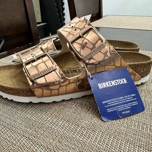 Birkenstock Arizona Gator Gleam Gold Sandals Women's 7 EUR 38 Leather Cork New